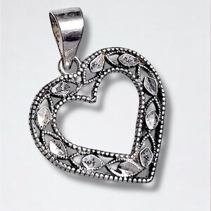 Vintage Diamond Cut Heart Pendant Millgrain texture Solid 925 Sterling Silver